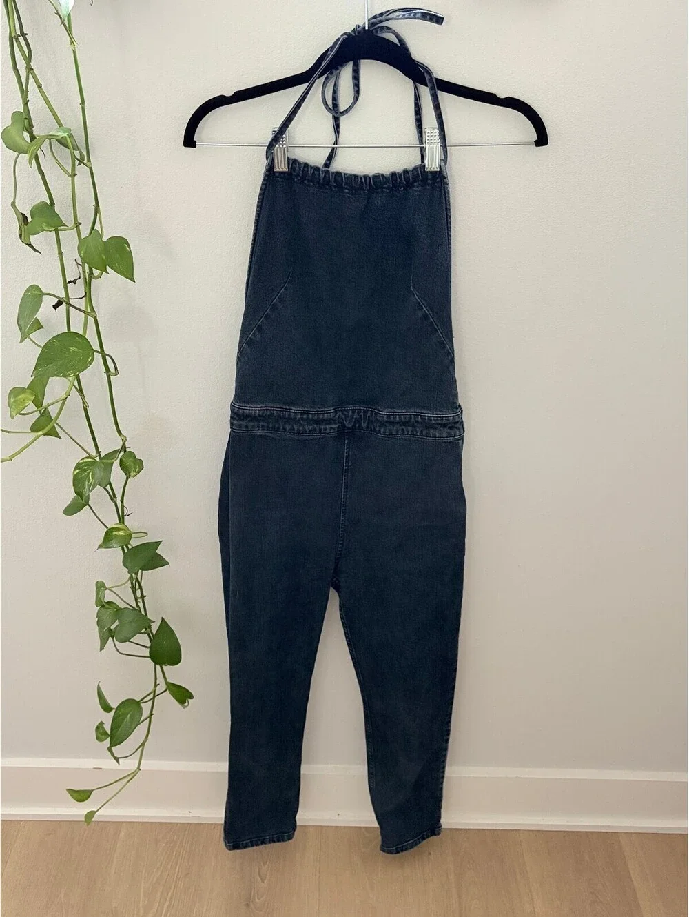 Free People Black Denim Halter Jumpsuit Overalls Womens Size 6 Boho
